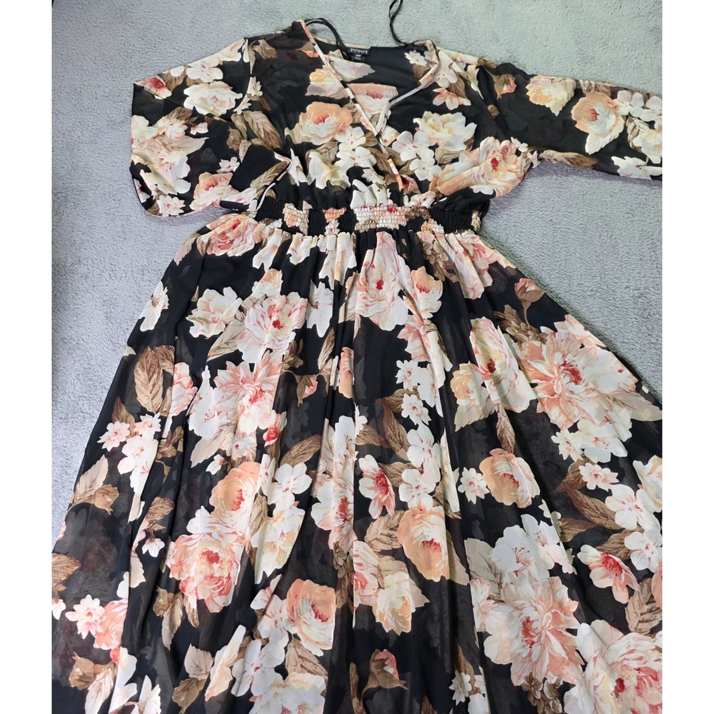 Enfocus Women 18W Maxi Dress Black Floral Smocked Waist Flutter Sleeve 913757